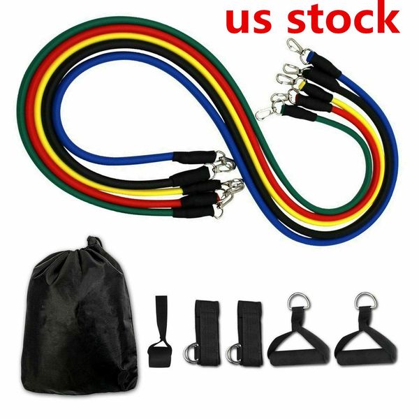 

us stock ready to ship, 11pcs/set pull rope fitness exercises resistance bands latex tubes pedal excerciser body training elastic yoga bands