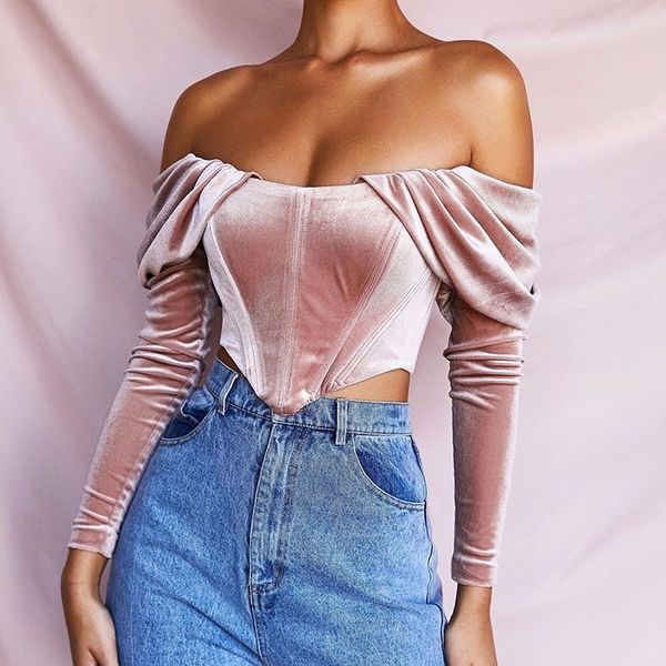 

women's t-shirt strapless word collar long-sleeved female pleated hollow halter slim stitching short women spring summer, White