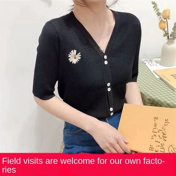 

onbq6 summer new v-neck internet celebrity versatile single-breasted small chrysanthemum t-shirt thin short-sleeved t-shirt ice silk knitted, White