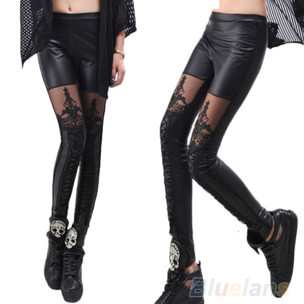 

fashion women lace up lace faux pu leather lace leggings pants 0imn 9beg, Black