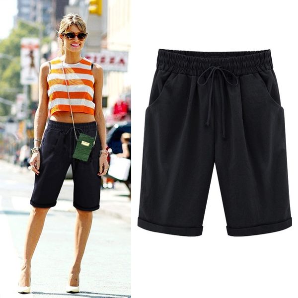 

newly women lady pirate shorts casual elastic waistband loose with pocket fashion for summer, White;black