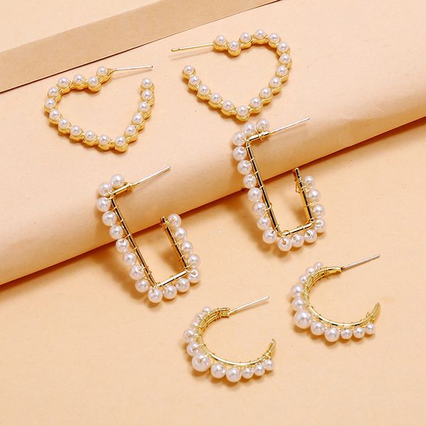 

fashion personality creative trend geometric shape set earrings european and american simple retro pearl alloy 3-piece earrings eh032, Golden