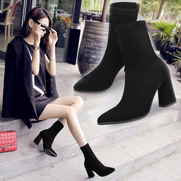 

seggnice women sock boots high heel ankle boots stretch comfortable spring autumn shoes, Black