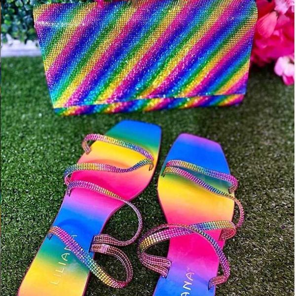 

slippers fashion roman rhinestone summer iridescent outdoor open-toed flat bottom female comfortable plus size, Black