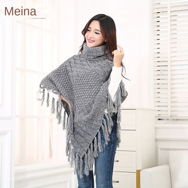 

2020 new women's fashion knitted tassel 2020 new pullover cloak women's shawl fashion knitted pullover tassel shawl cloak, Blue;gray