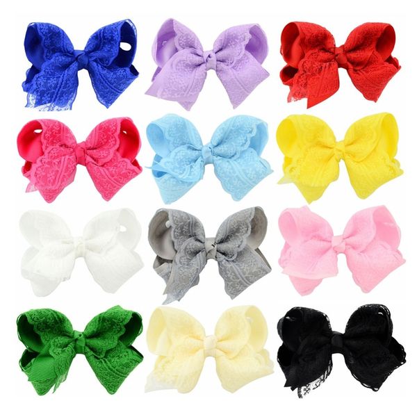 

12pcs/lot fashion boutique bows with clip grosgrain ribbon lace bow hairpins kids hair accessories 599 y200710, Slivery;white