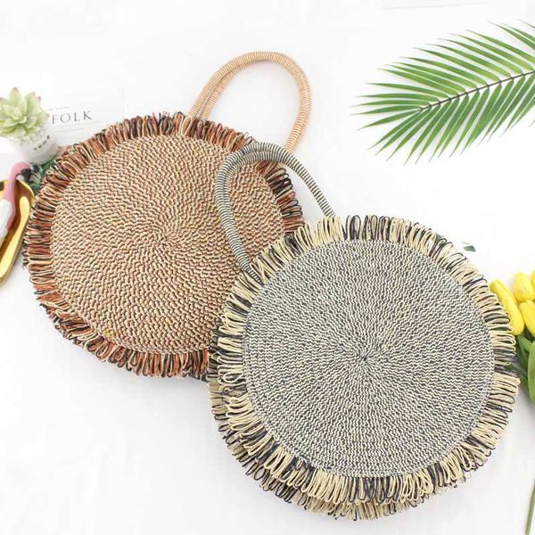 

fashion tassel zipper straw bag women beach woven bag round tote fringed shoulder travel sac en paille 2020 bolso mujer