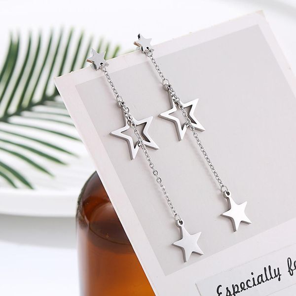 

double circle star heart charms tassel earrings for women stainless steel long dangle earrings new trendy ear drop jewelry gifts, Silver