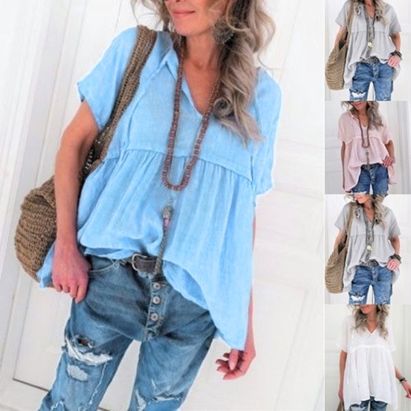 

плюс размер женщин твердые блуза короткие с коротким рукавом v-образным вырезом повседневная топы мода рубашки женская одежда, White