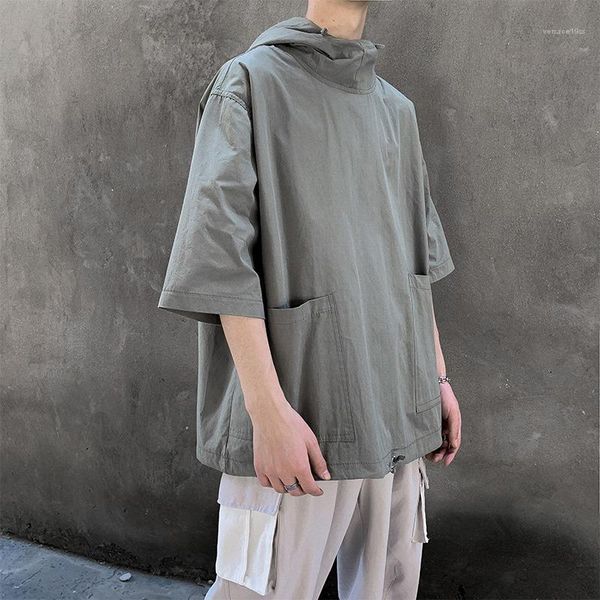 

shirt solid color loose with big pocket male high street tees summer skateboard mens hooded short sleeve t, White;black