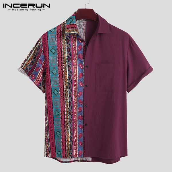 

incerun mens ethnic style shirts man printed short sleeve lapel camisa casual loose striped patchwork blusas breathable blouse 7, White;black