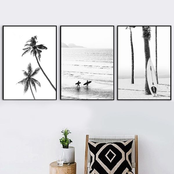 

black and white coastal surfing landscape canvas painting sea wave surfboard posters & prints wall art pictures for living room decor