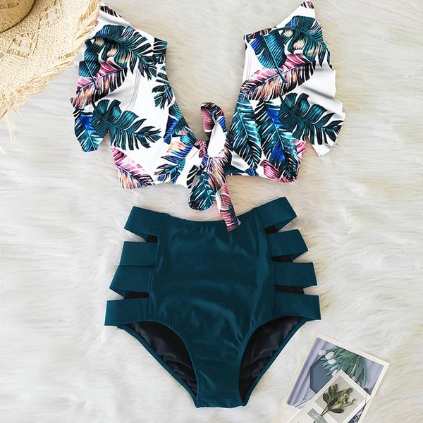 

bikinis 2020 new double shoulder ruffle bikini set high waist swimwear women swimsuit v neck bathing suit beach wear swim, White;black