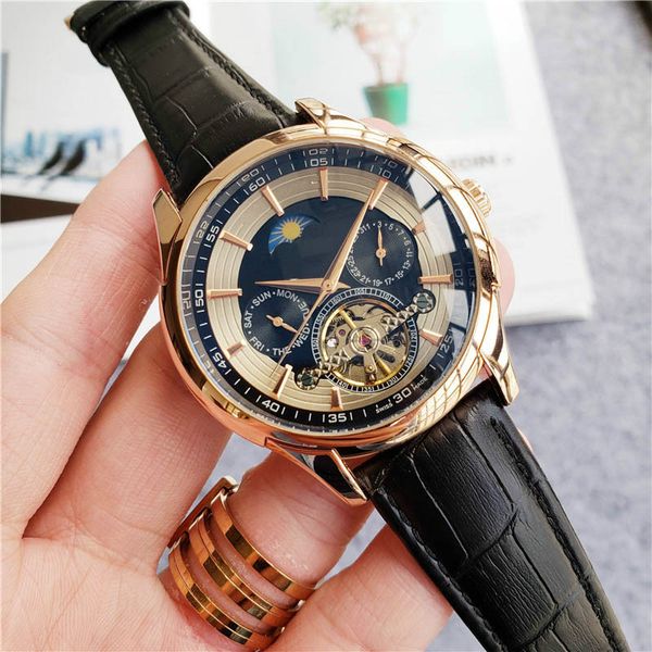 

automatic mechanical movement watch men business watch full-function dial leather strap boutique fashion watch birthday gift watches, Slivery;brown