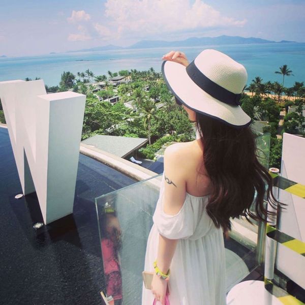 

new pepper paris m-standard sun straw sun sunshade ladies straw hat black and white hat, Blue;gray