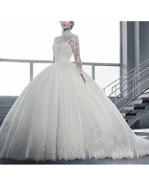 

ball gown wedding dresses high neck sweep / brush train tulle long sleeve beach with lace insert embroidery, White