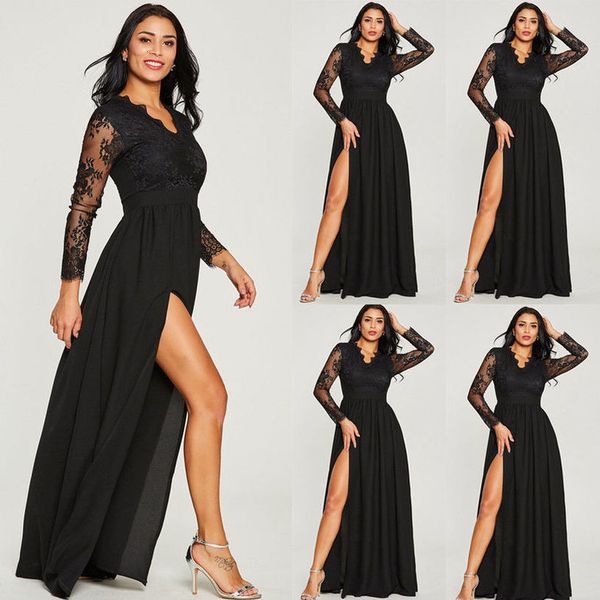

boho style long skirts women formal long prom evening party split v neck lace long sleeve wedding skirts, Black