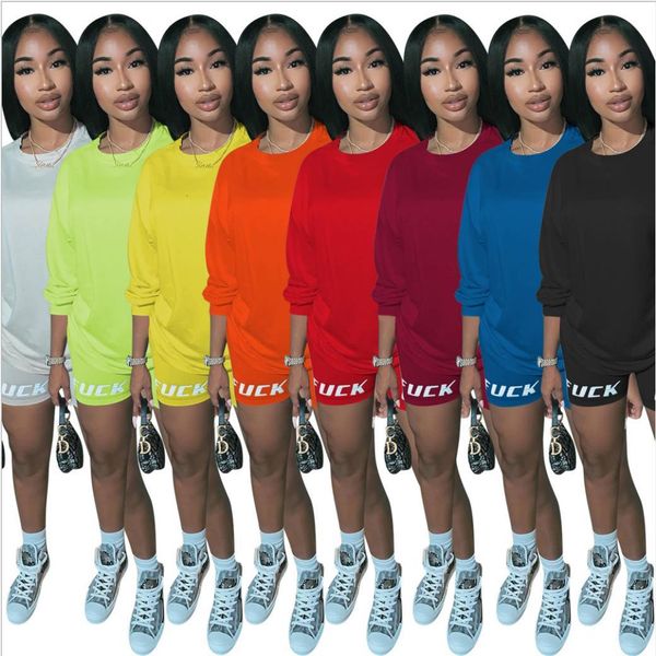 

new letter print two piece outfits set women tracksuit 2020 summer long sleeve t shirt biker shorts jogger suits sets, Gray