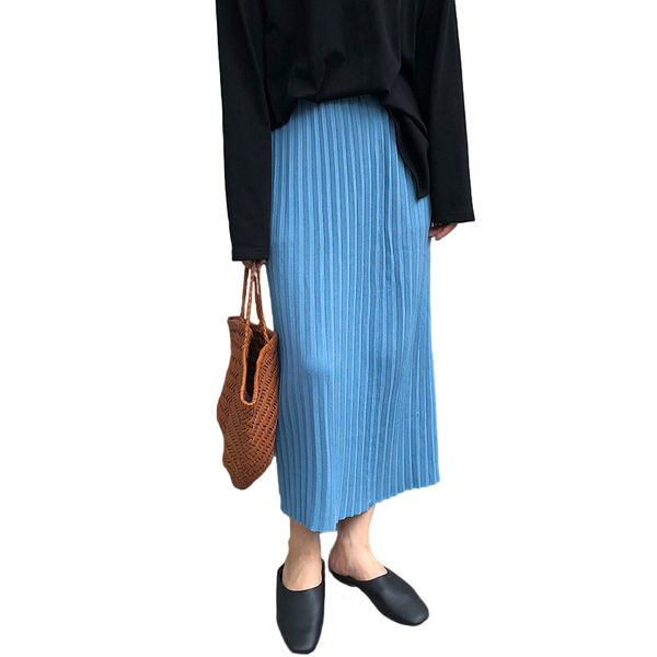 

knit pleated skirt women high waist mid calf skirts fall 2020, Black