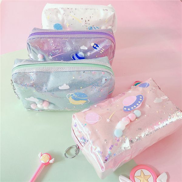 

simple fashion cartoon planet laser pencil case star trek cosmetic bag sequin portable storage bag