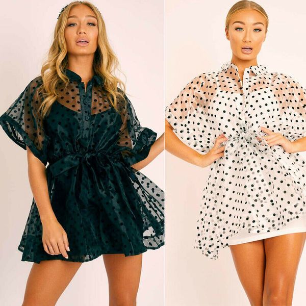 

elegant white ploka dot sheer mesh lace women dress summer women's short sleeve party loose party streetwear female clothes, Black;gray
