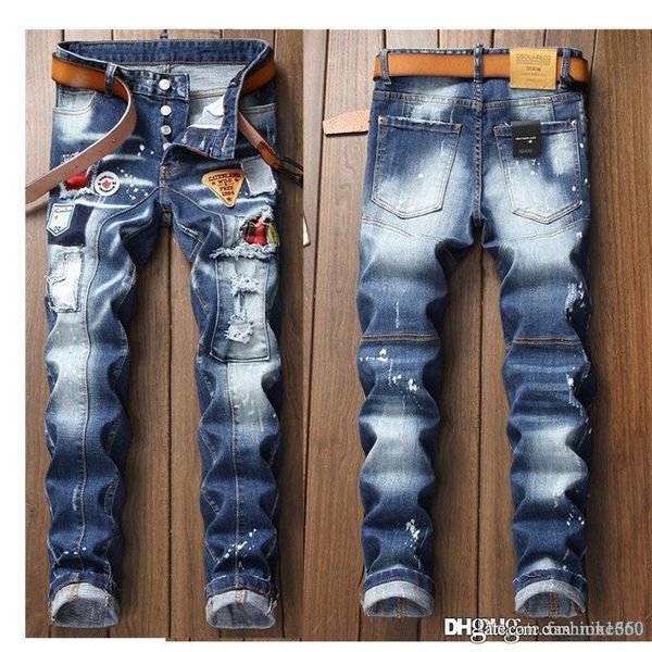 

2020 новые мужские джинсы проблемные ripped байкер джинсы slim fit мотоцикл байкер джинсы 2019 модные брюки, Blue