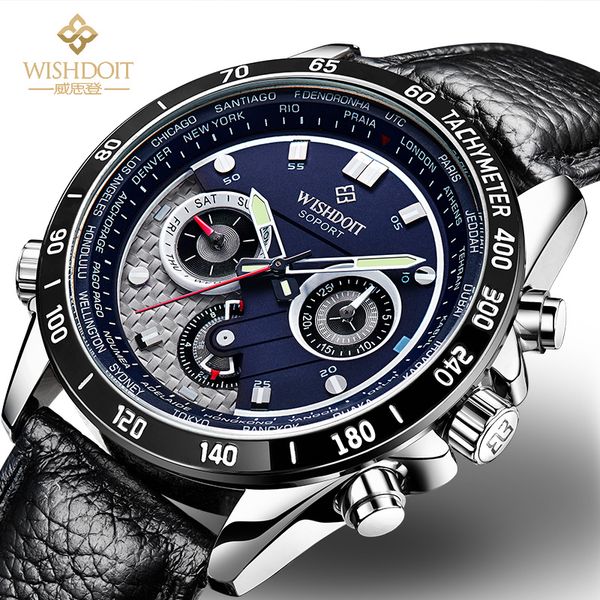 

wishdoit 2020 new watch male outdoor sports waterproof luminous multi-function chronograph reset world time quartz watch, Slivery;brown
