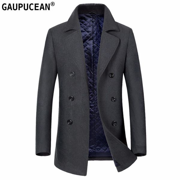 

man wool jacket long thick quality formal business grey double breasted button male trench pockets overcoat warm men woolen coat, Black