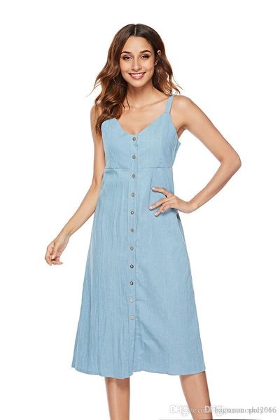 

women dress v-neck sling summer fashion shoulder sleeveless button cowboy elegant lady print skirt casual loose dresses size s-xl, Black;gray