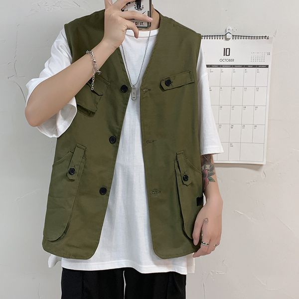 

2020 summer loose large size casual men's tooling vest jacket large pocket wild outdoor jacket waistcoat, Black;white