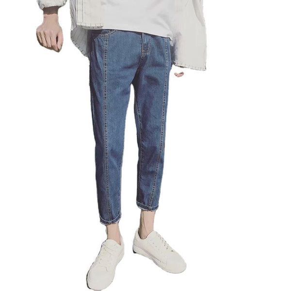 

summer 2020 new blue men's slim jeans students hong kong style korean trendy feet ankle length teenagers denim pants