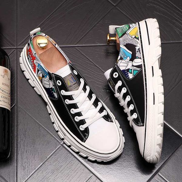 

fashion graffiti men's shoes breathable white board shoes men's sneakers lace-up casual low-loafers, Black