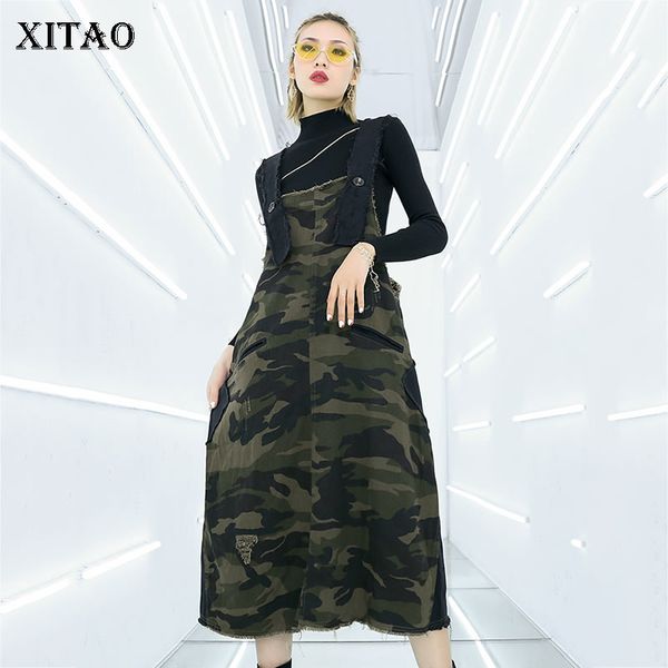 

xitao hip hop plus size leopard midi dress patchwork pocket street square collar sleeveless match all korean summer new zll3721, Black;gray