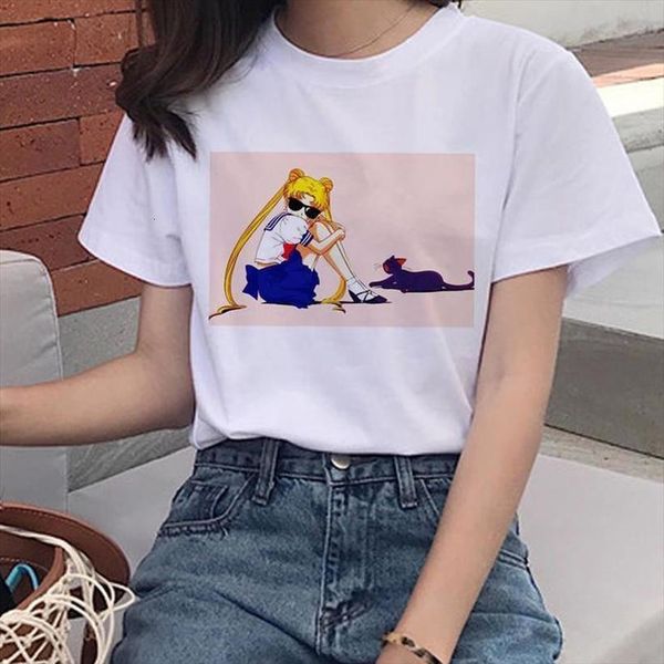 

funny graphic tshirt korean style tee female harajuku sailor moon kawaii t shirt women 90s cap sleeve aesthetic cartoon t shirt, White
