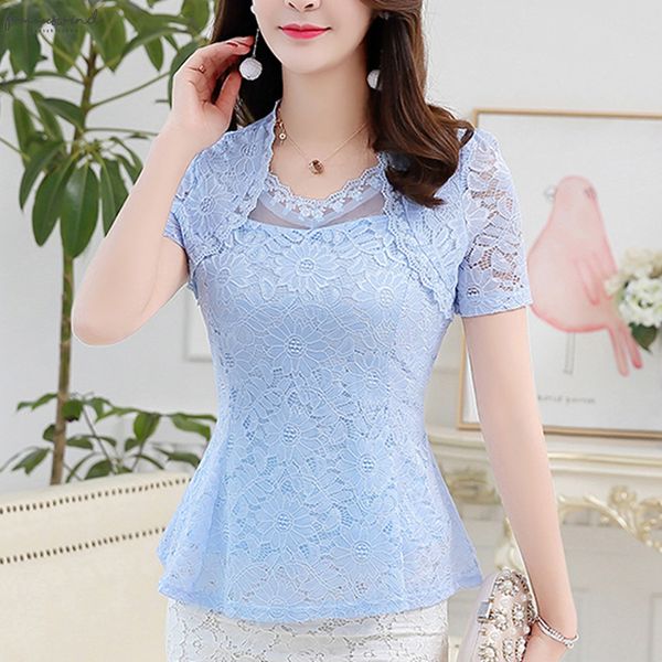 

new 2020 short sleeve plus size 8 color  4xl summer lace shirt women cutout basic female elegant lace shirt 815g, White