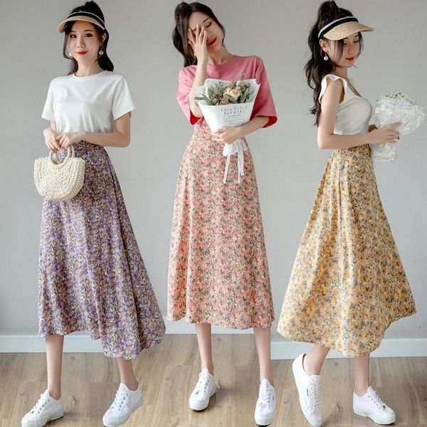 

lipnk mid-length niche floral skirt korean style a- line dress oil painting oil painting high waist elastic skirt a- line dress-style korean, Black