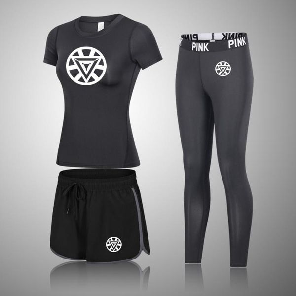 

women yoga set fitness sports suits gym iron man clothing yoga short sleeve shirts running leggings workout pants shirts, White;red