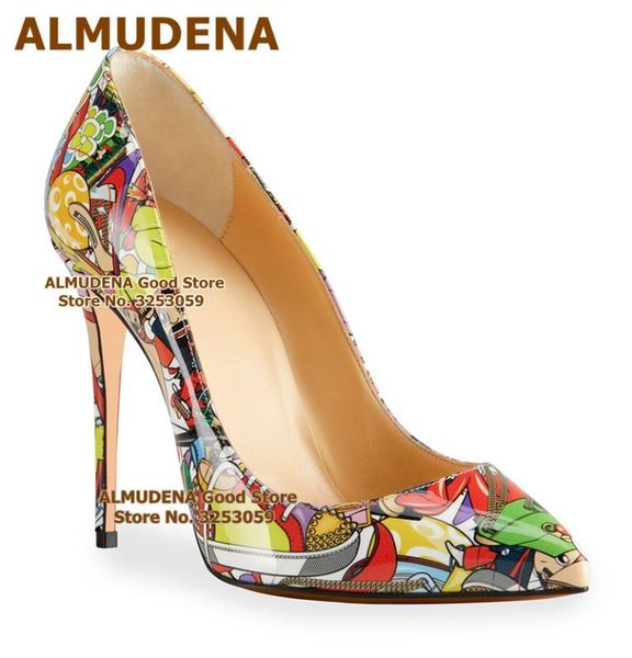 

almudena irregular pattern printed high heels multi-color patent leather slip-on wedding shoes 12  8cm stiletto heels, Black