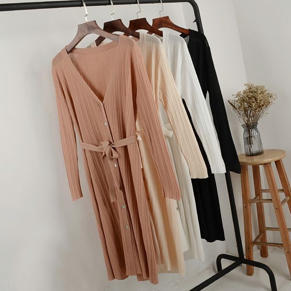 

lkbdz spring and autumn mid-length v-neck thin knitted cardigan lace ice silk skirt drop feeling very good pregnant dress pendant dress wome, White