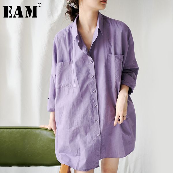 

eam] women purple big pocket big size blouse new lapel three-quarter sleeve loose fit shirt fashion spring summer 2020 1w787, White