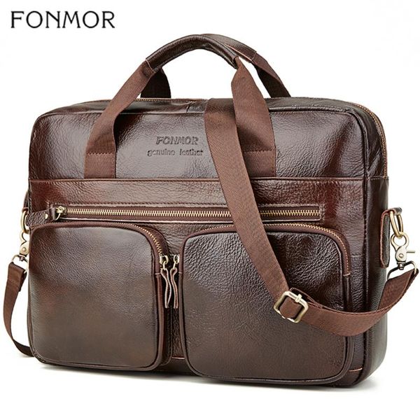 

fonmor genuine leather briefcase for men cowhide big totes handbag male brown business 14'' laphand bags with zipper pocket