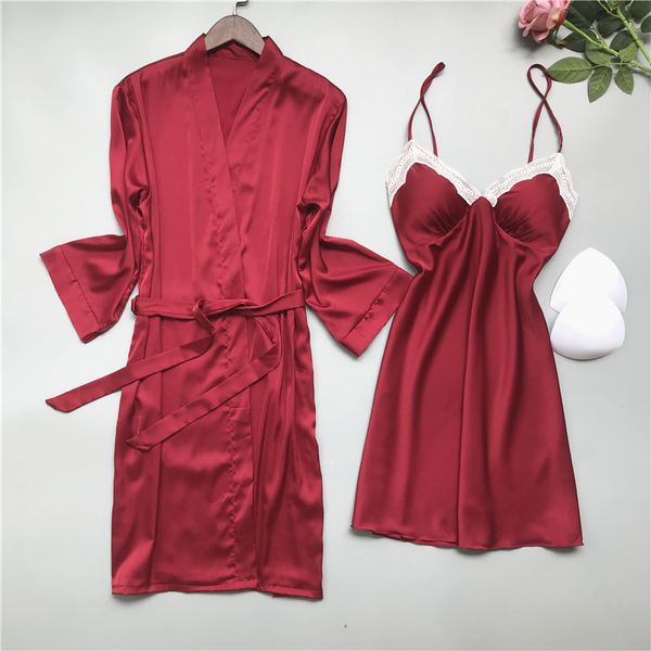 

satin lace bride bridesmaid wedding robe set mini 2pcs sleepwear casual kimono bathrobe summer new loose v-neck home wear, Black;red