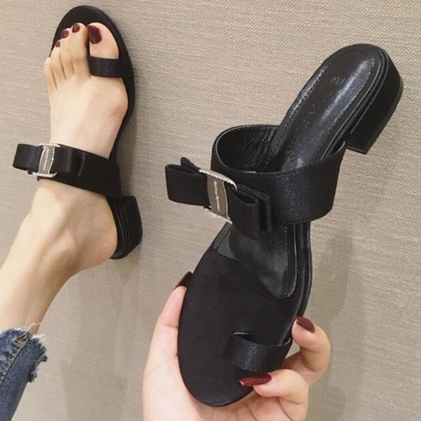 

women's slipper summer flat shoes women open toe chunky heel flip-flops sandals fashion bow beach shoes zapatos de mujer sh465, Black