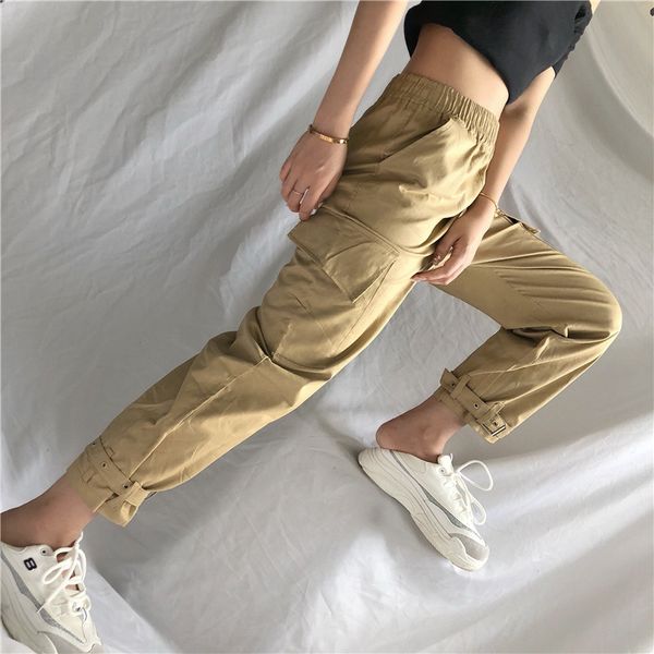 

2020 women cargo pants casual cotton elastic wasit trousers streetwear punk cargo pants women capris loose joggers trousers, Black;white