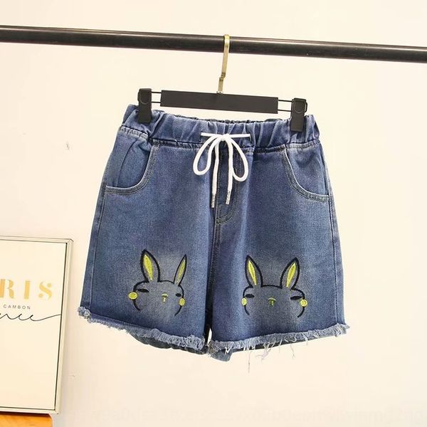 

5jwue extra large size embroidered denim shorts female fat sister summer clothes washed denim elastic waist high waist casual pants shorts c, Blue
