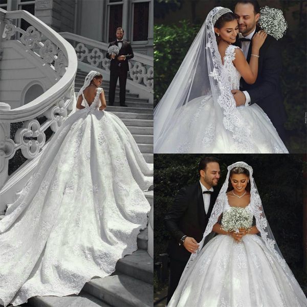 

gorgeous lace ball gown 2021 backless wedding dresses v neck lace appliqued beaded saudi arabia chapel train wedding dress bridal gowns, White