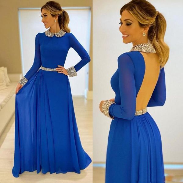 

graceful blue a line evening dresses jewel neck long sleeve backless prom gowns floor length chiffon plus size formal party dress b95, Black;red