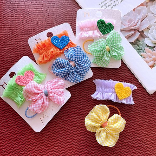 

new ins hipster plaid bow children's lace love pin combination korean style lace rope butterfly hair rope hair accessories, Slivery;white
