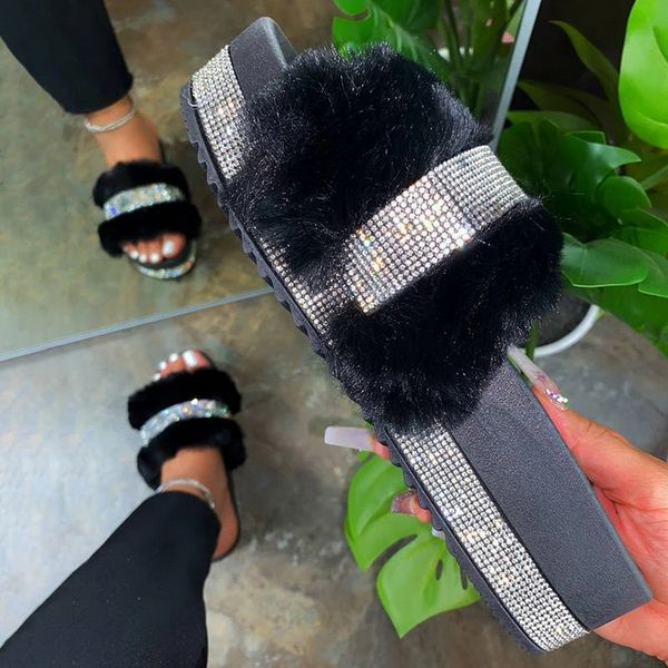 

litthing women fur slippers furry slides summer bling slide sandals plush outdoor casual shoes home slippers comfortable shoes, Black