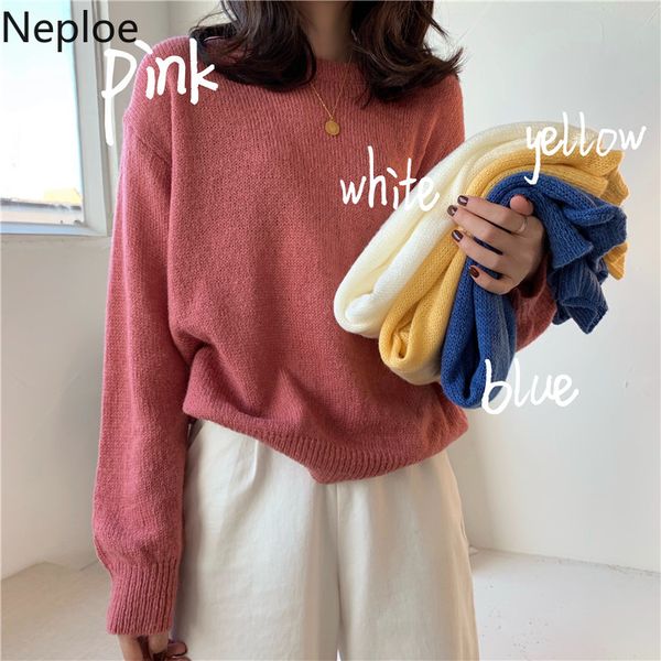 

neploe 2020 autumn new style ladies pullover round neck sweater casual loose solid color long-sleeved sweaters women, White;black